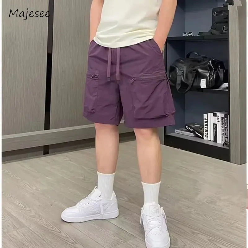 Cargo Shorts Men Solid Loose Trendy American Style High Street Multi Pockets Zipper Daily Summer Drawstring Handsome Youthful