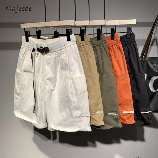 Cargo Shorts Men Solid Fashion Streetwear Japanese Style Large Pockets Elastic Waist Handsome Advanced Casual Summer Knee-length