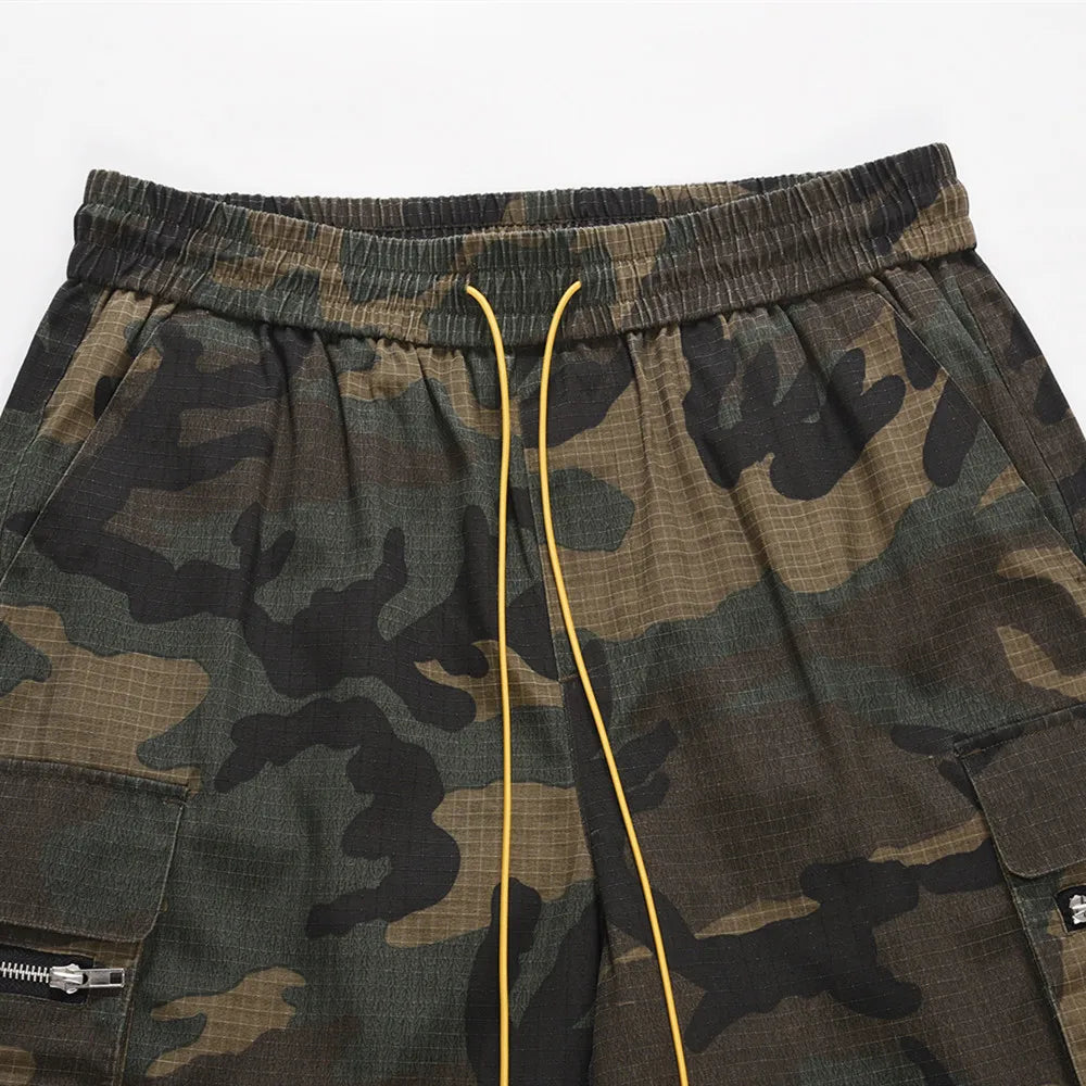 Frog Drift Fashion Vintage Street Cargo Camouflage Techwear Sweatpants Washable Casual Drawstring Pants Shorts For Men Women